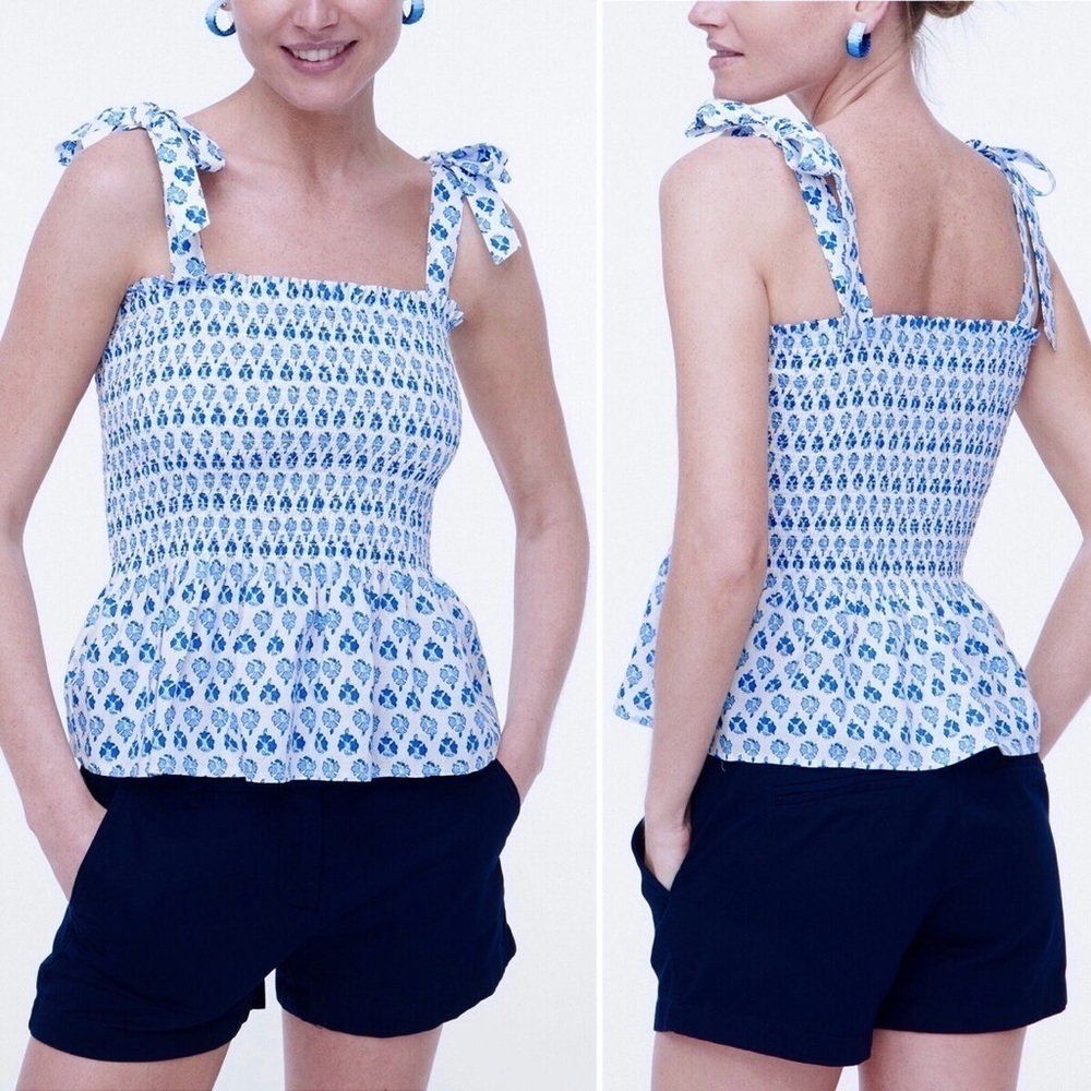 J. Crew Smocked Tie-Shoulder Tank Top, Blue and White, Size XS